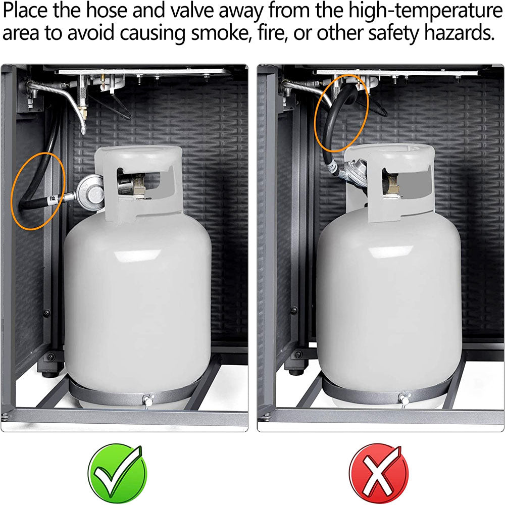 Propane tank stored inside the fire pit table base, hose kept clear of the burner
