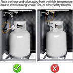 Propane tank stored inside the fire pit table base, hose kept clear of the burner