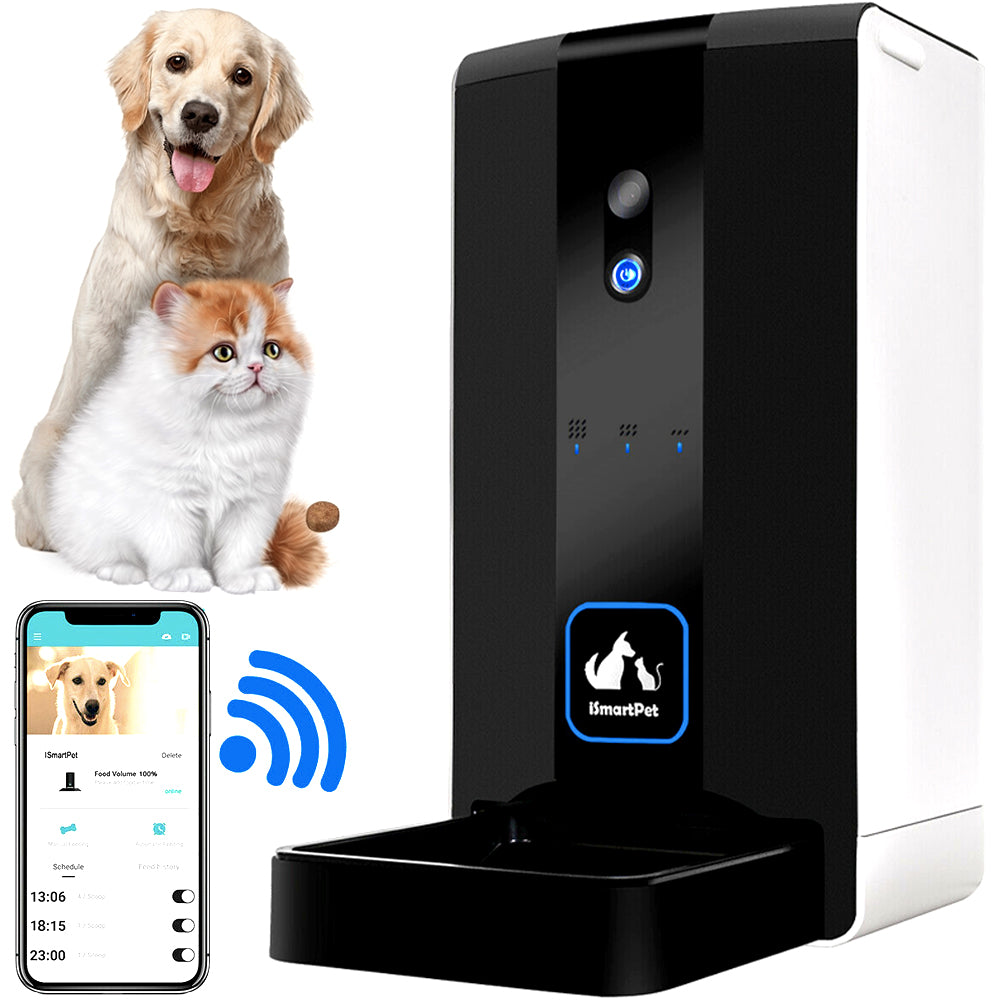 Black and white automatic pet feeder with its phone app, beside a dog and cat