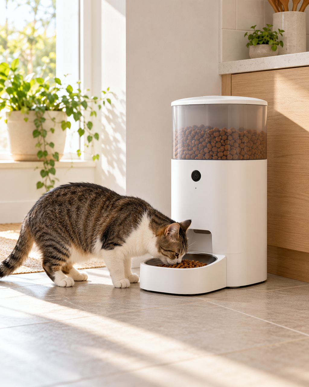 Cat eating from a white automatic pet feeder in a bright kitchen