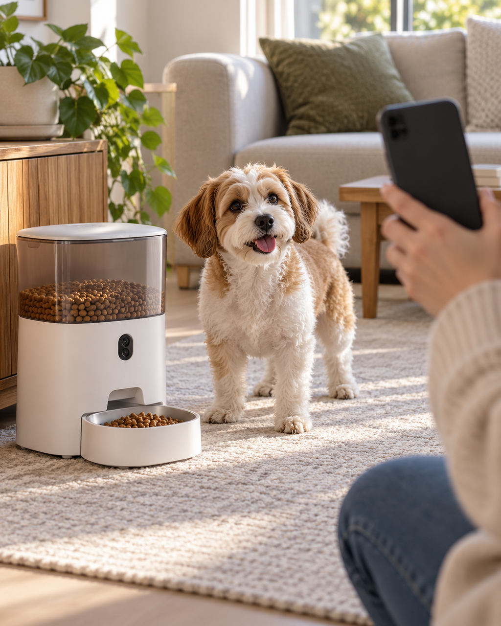 Dog beside a white automatic pet feeder at home