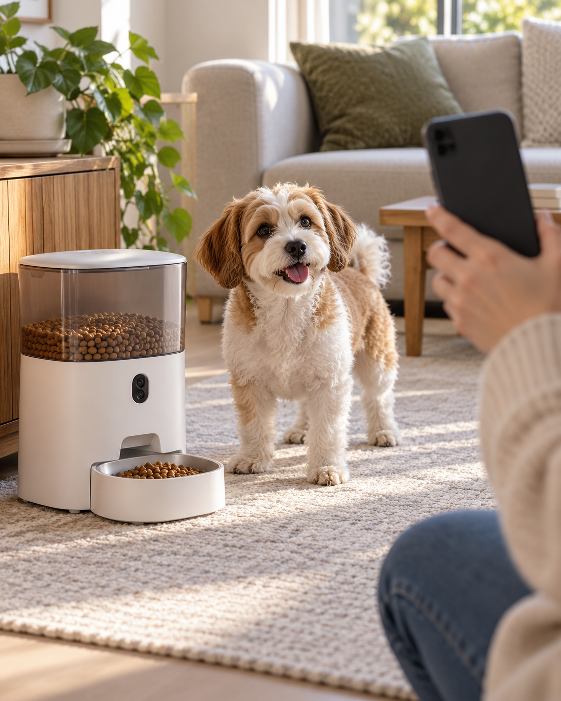 Dog beside a white automatic pet feeder at home